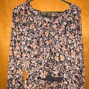 AE Floral Lace-Up Peplum Top S Cottagecore Boho Romantic Long Sleeve Blouse